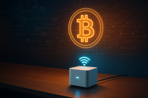 One Shot Miner device on a modern desk with WiFi icon and holographic Bitcoin symbol, illustrating solo Bitcoin mining at home
