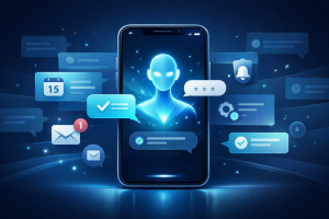 OpenClaw AI assistant concept shown in a smartphone messaging app with chat bubbles, notifications, and productivity automation icons